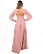 Berti Mode Collection - Abito lungo rosa con manica lunga aperta e scollo a V