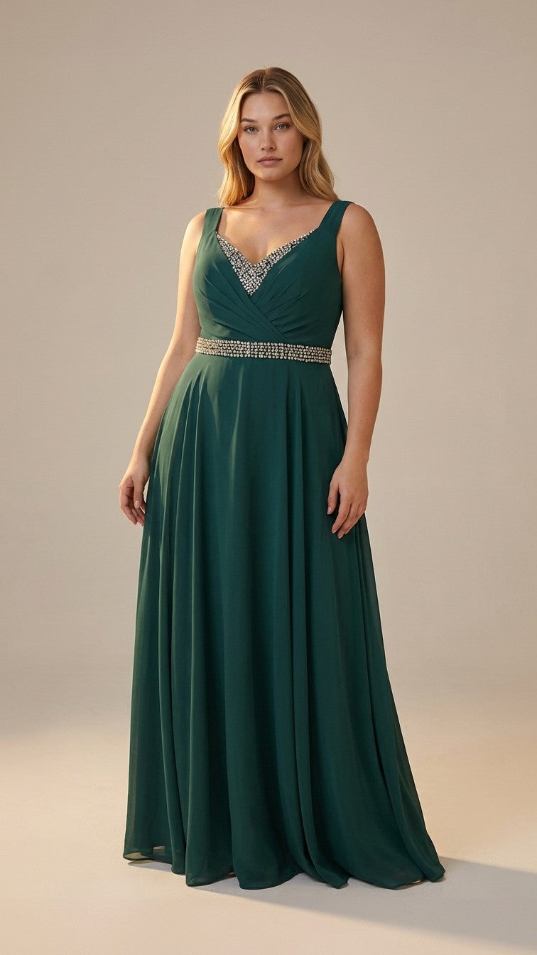 Abito Lungo da Cerimonia con Scollo a V e Dettagli Gioiello - Berti Mode Collection