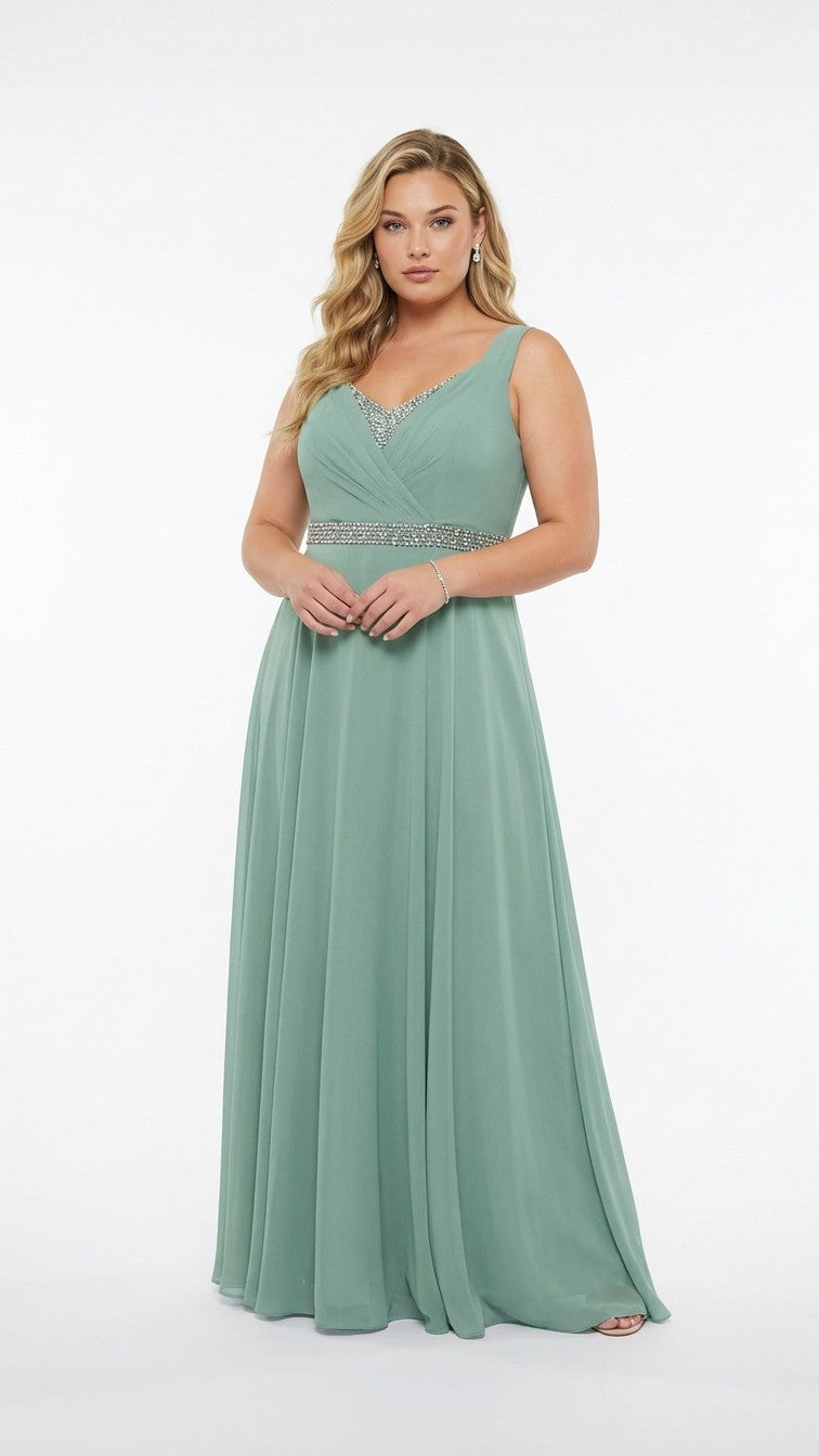 Abito Lungo da Cerimonia con Scollo a V e Dettagli Gioiello - Berti Mode Collection