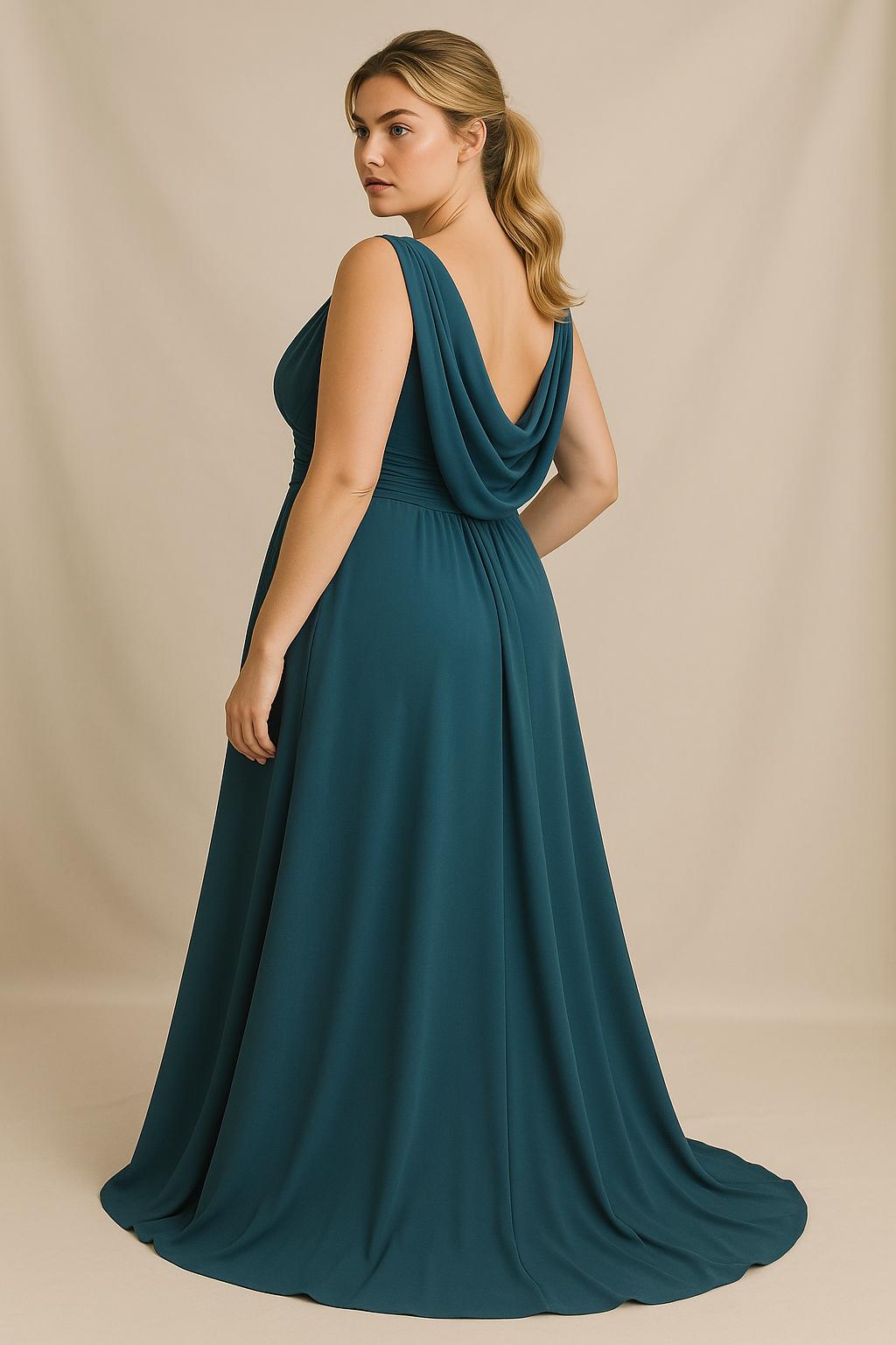 Abito Lungo Cerimonia con Scollo a V e Cintura Drappeggiata - Berti Mode Collection