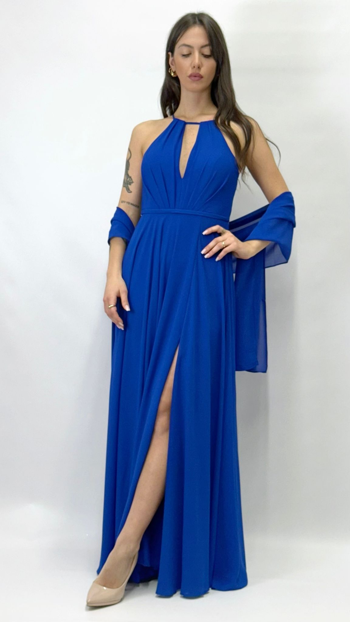 Abito Lungo Cerimonia con Scollo Americano blu royal - Berti Mode Collection