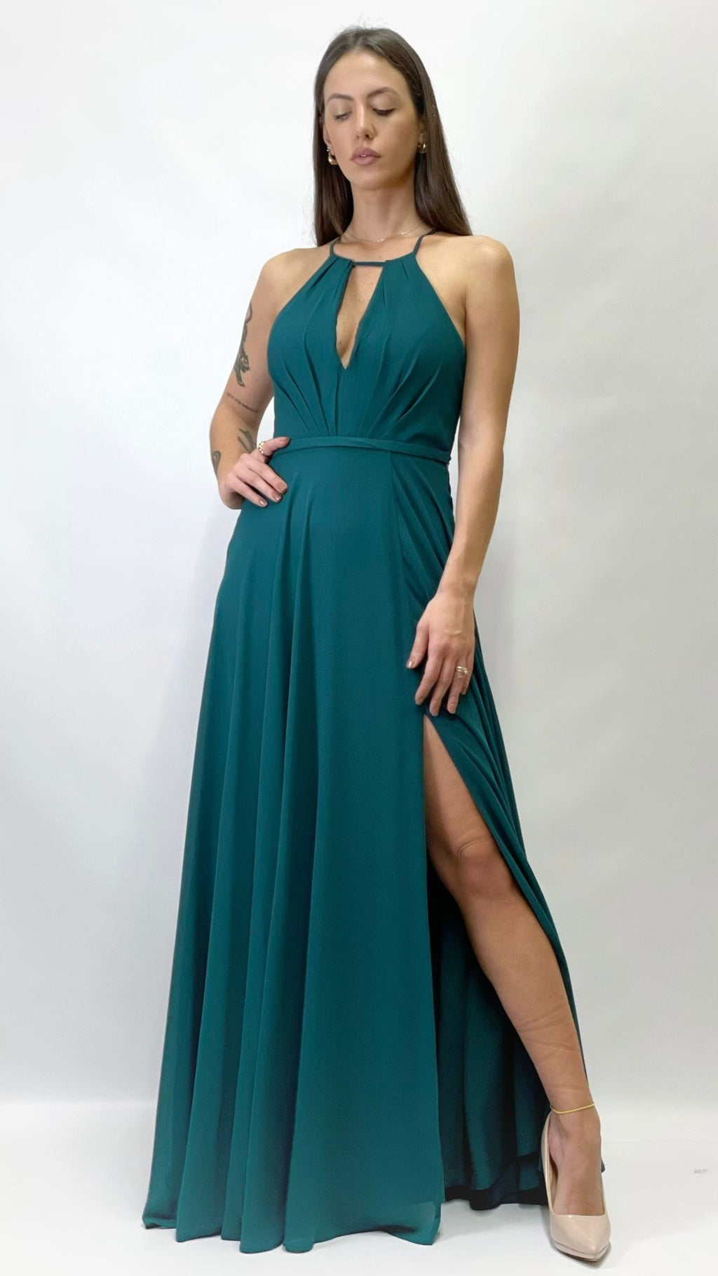 Abito Lungo Cerimonia con Scollo Americano verde bosco - Berti Mode Collection