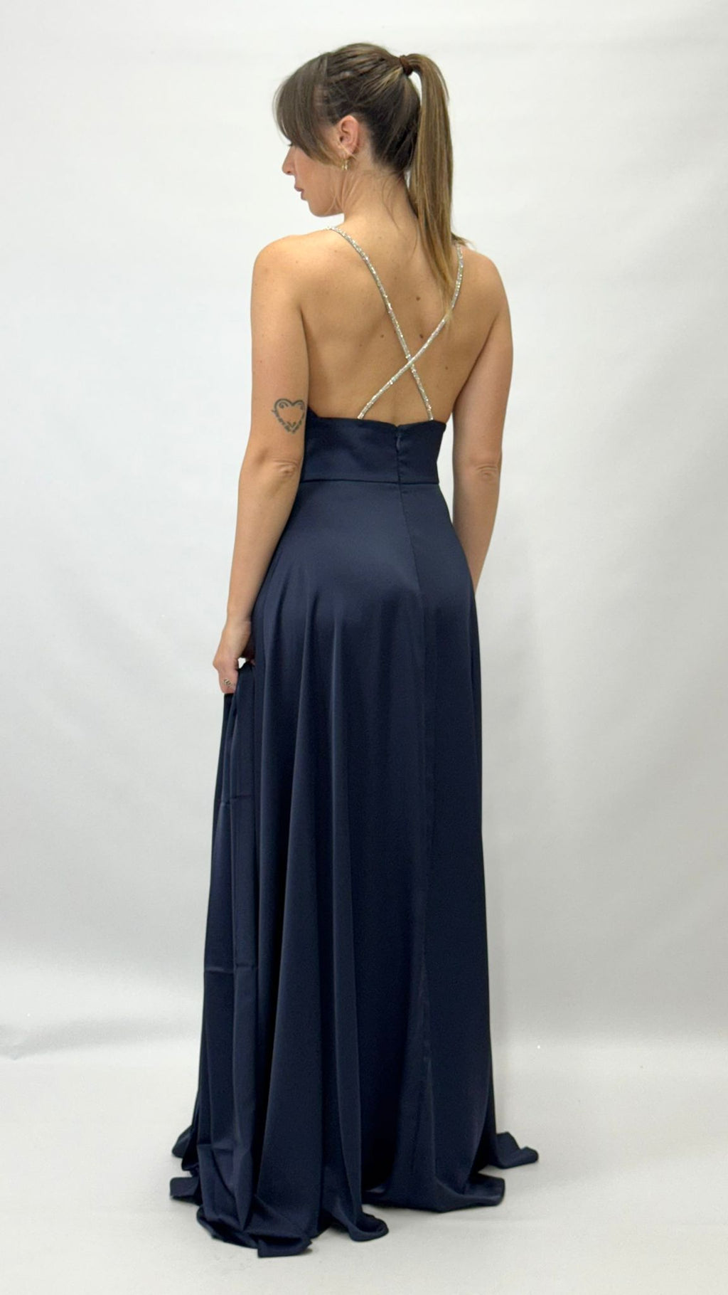 Abito Lungo da Sera con Spalline Gioiello e Scollo a V blu notte - Berti Mode Collection