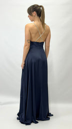 Abito Lungo da Sera con Spalline Gioiello e Scollo a V blu notte - Berti Mode Collection