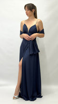 Abito Lungo da Sera con Spalline Gioiello e Scollo a V blu notte - Berti Mode Collection