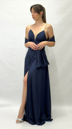 Abito Lungo da Sera con Spalline Gioiello e Scollo a V blu notte - Berti Mode Collection