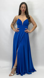 Abito Lungo da Sera con Spalline Gioiello e Scollo a V blu royal - Berti Mode Collection