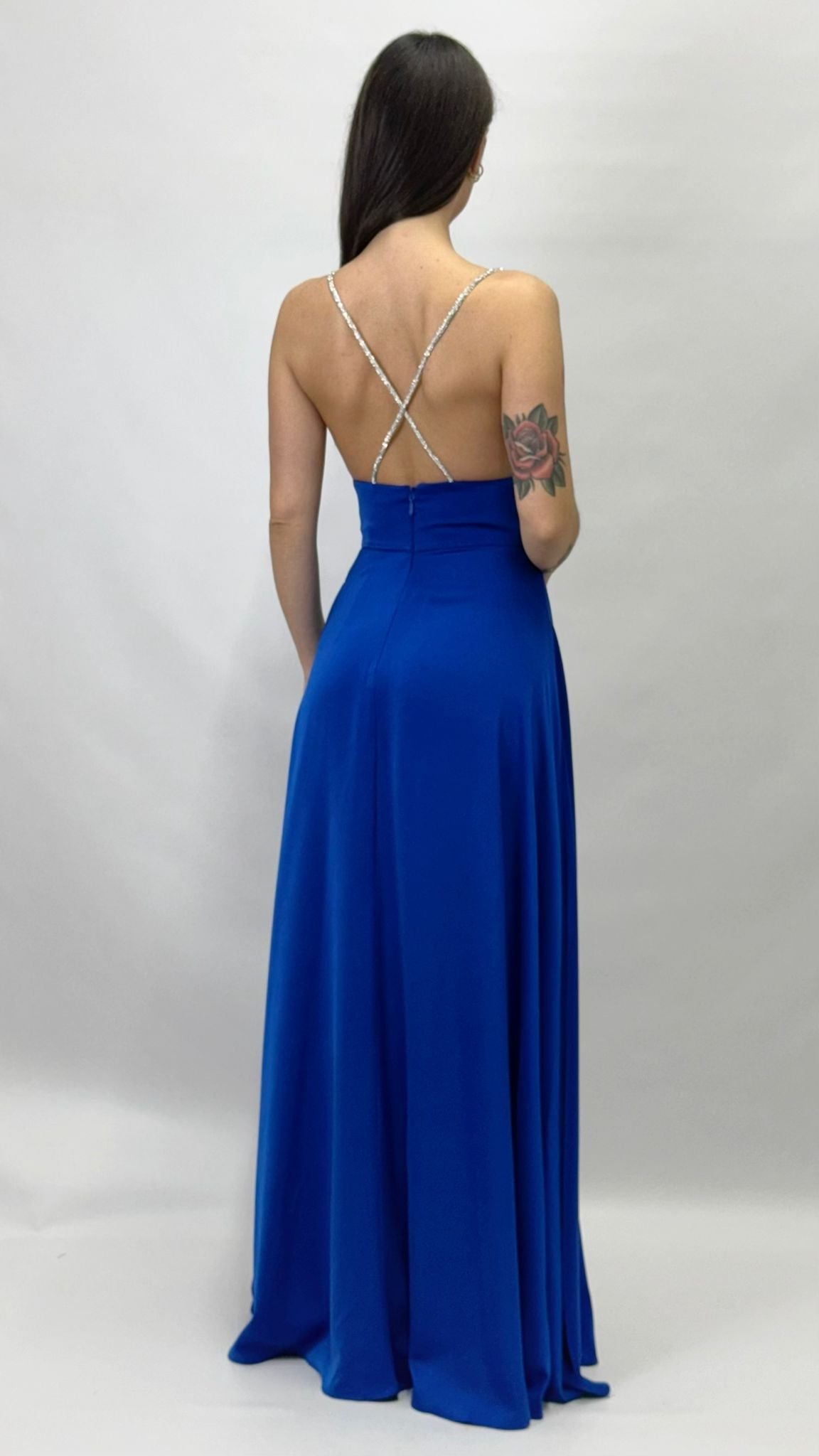 Abito Lungo da Sera con Spalline Gioiello e Scollo a V blu royal - Berti Mode Collection