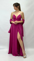 Abito Lungo da Sera con Spalline Gioiello e Scollo a V magenta - Berti Mode Collection
