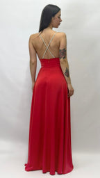 Abito Lungo da Sera con Spalline Gioiello e Scollo a V rosso - Berti Mode Collection