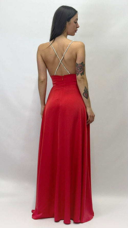 Abito Lungo da Sera con Spalline Gioiello e Scollo a V rosso - Berti Mode Collection