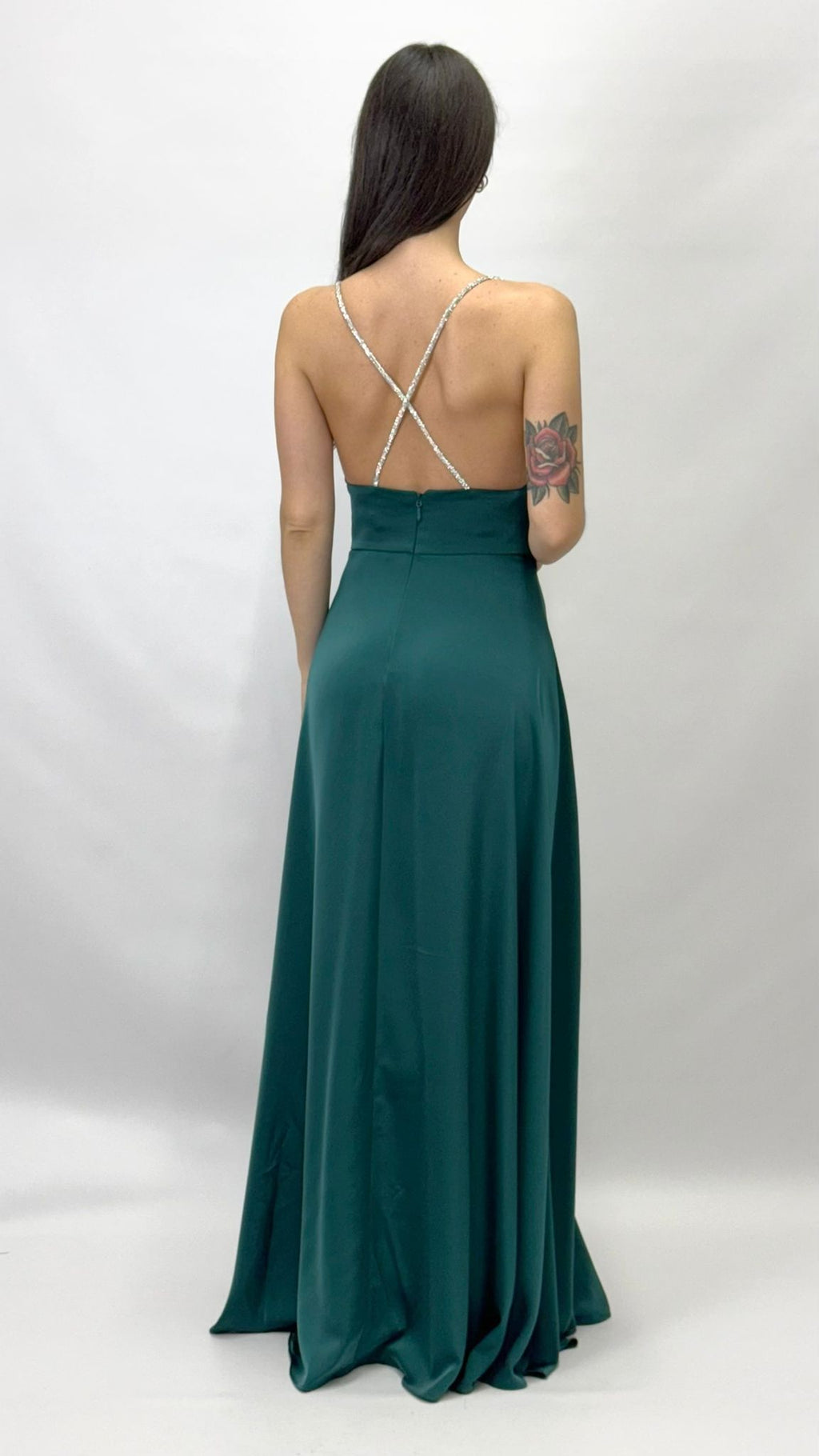 Abito Lungo da Sera con Spalline Gioiello e Scollo a V verde bosco - Berti Mode Collection