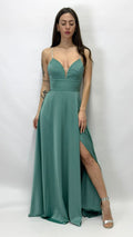 Abito Lungo da Sera con Spalline Gioiello e Scollo a V verde chiaro - Berti Mode Collection