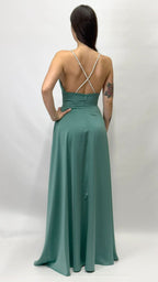 Abito Lungo da Sera con Spalline Gioiello e Scollo a V verde chiaro - Berti Mode Collection