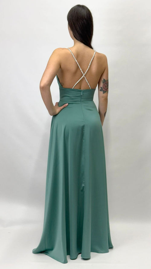 Abito Lungo da Sera con Spalline Gioiello e Scollo a V verde chiaro - Berti Mode Collection
