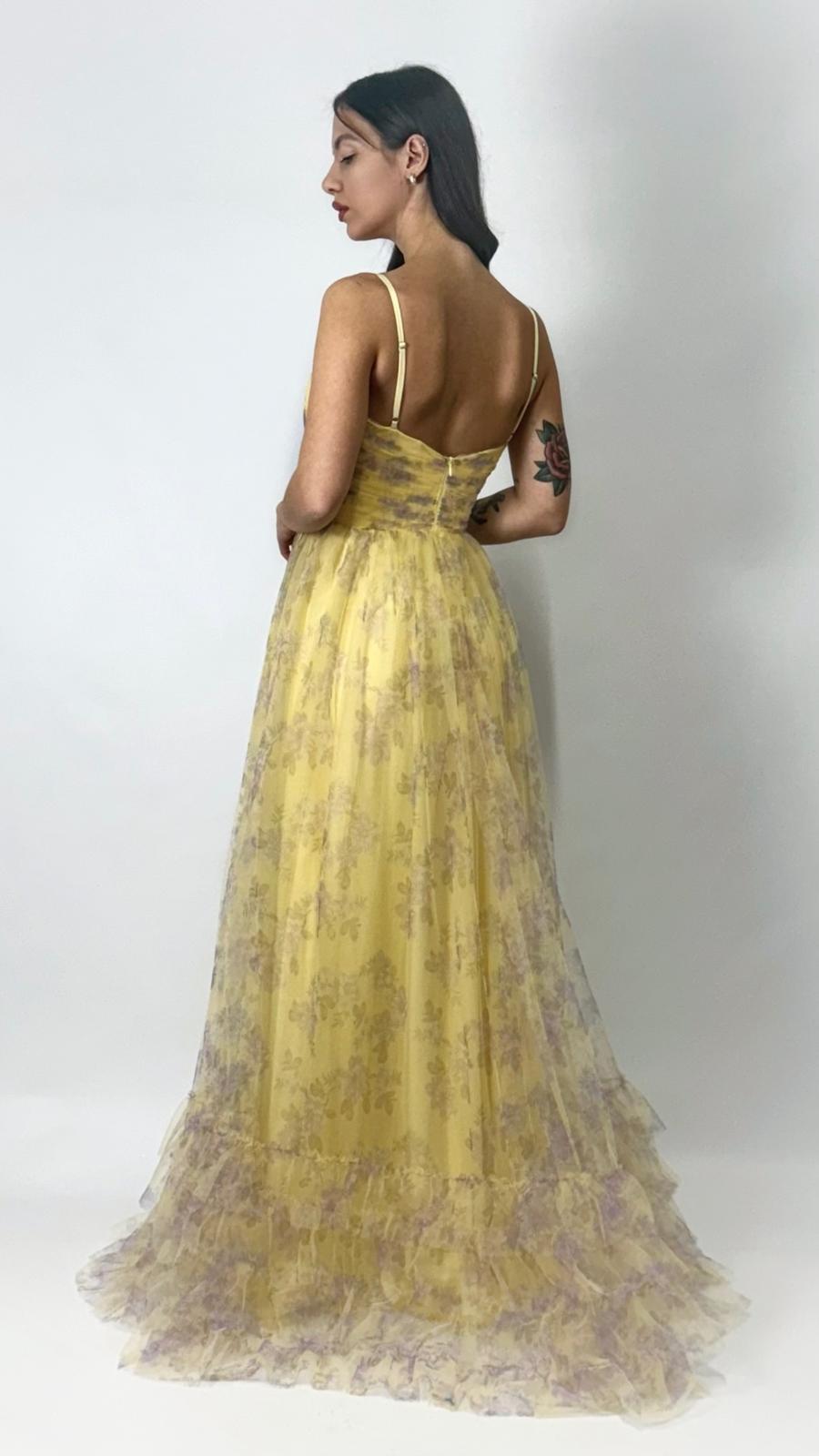 Abito Lungo in Tulle Floreale con Balze - Berti Mode Collection