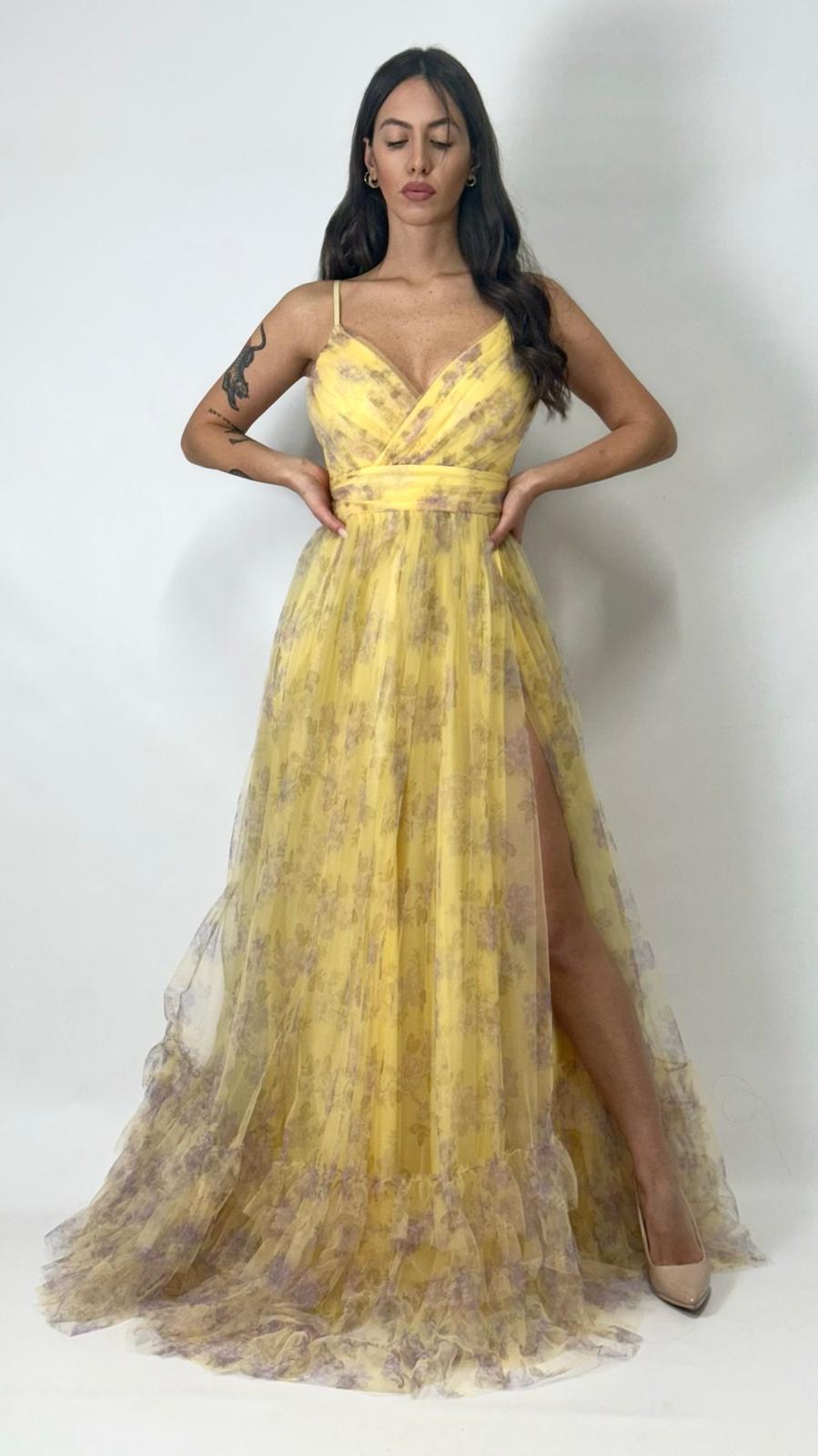 Abito Lungo in Tulle Floreale con Balze - Berti Mode Collection