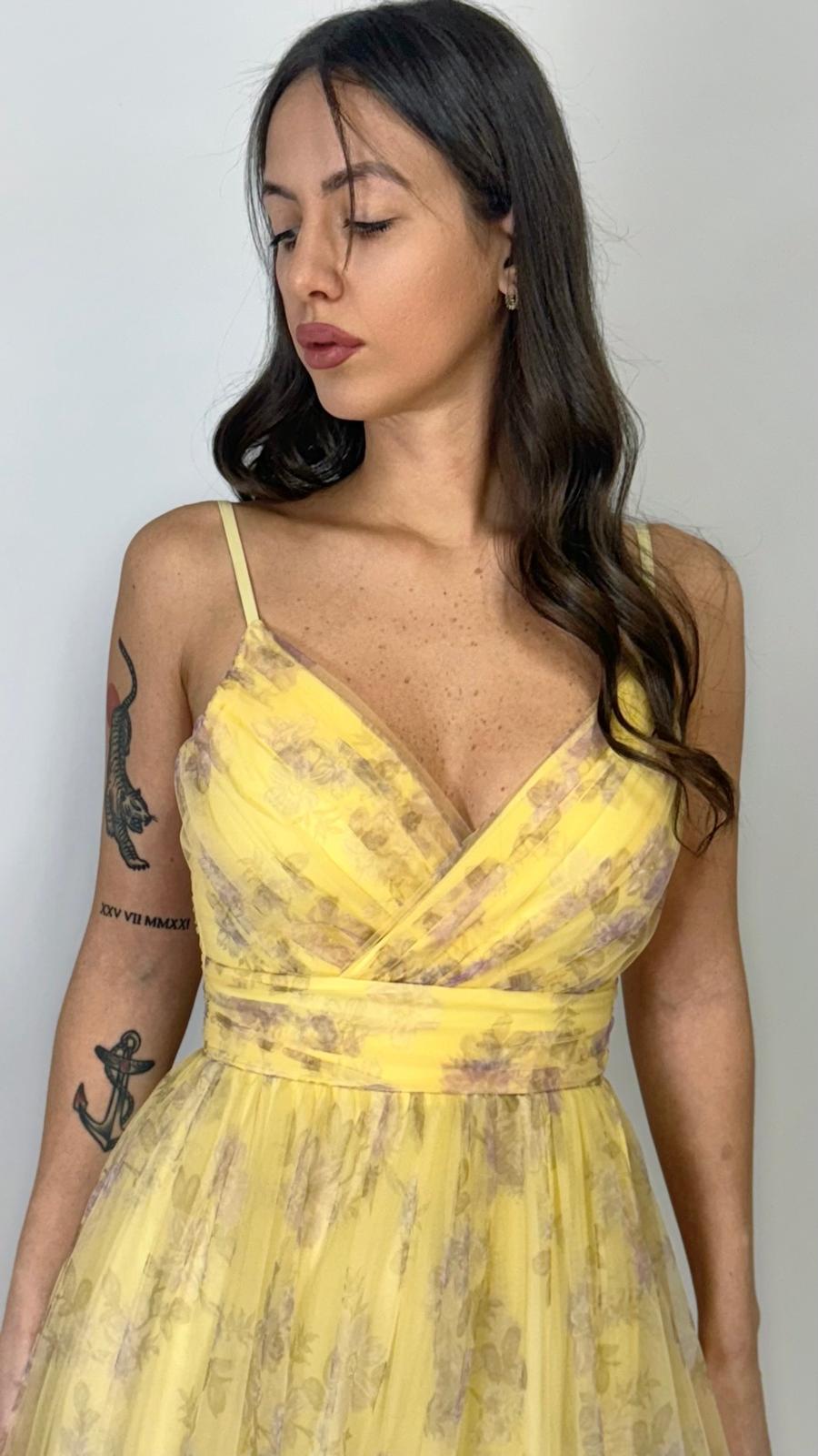 Abito Lungo in Tulle Floreale con Balze - Berti Mode Collection