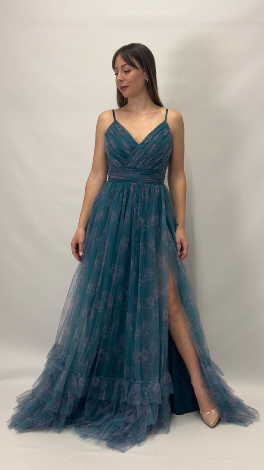 Abito Lungo in Tulle Floreale con Balze - Berti Mode Collection