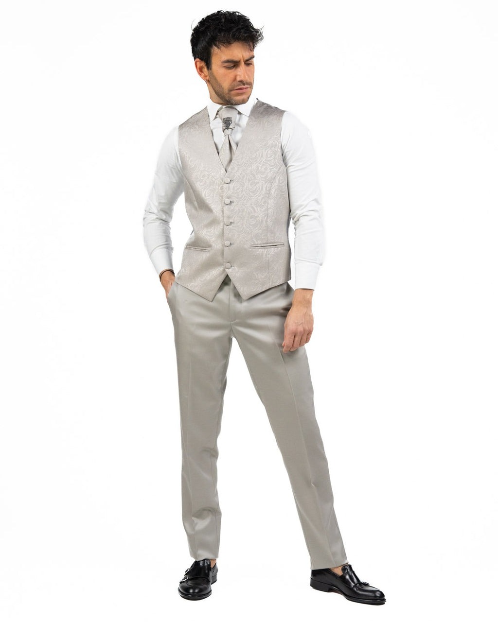 LEBOLE - Abito con Gilet Damascato Beige