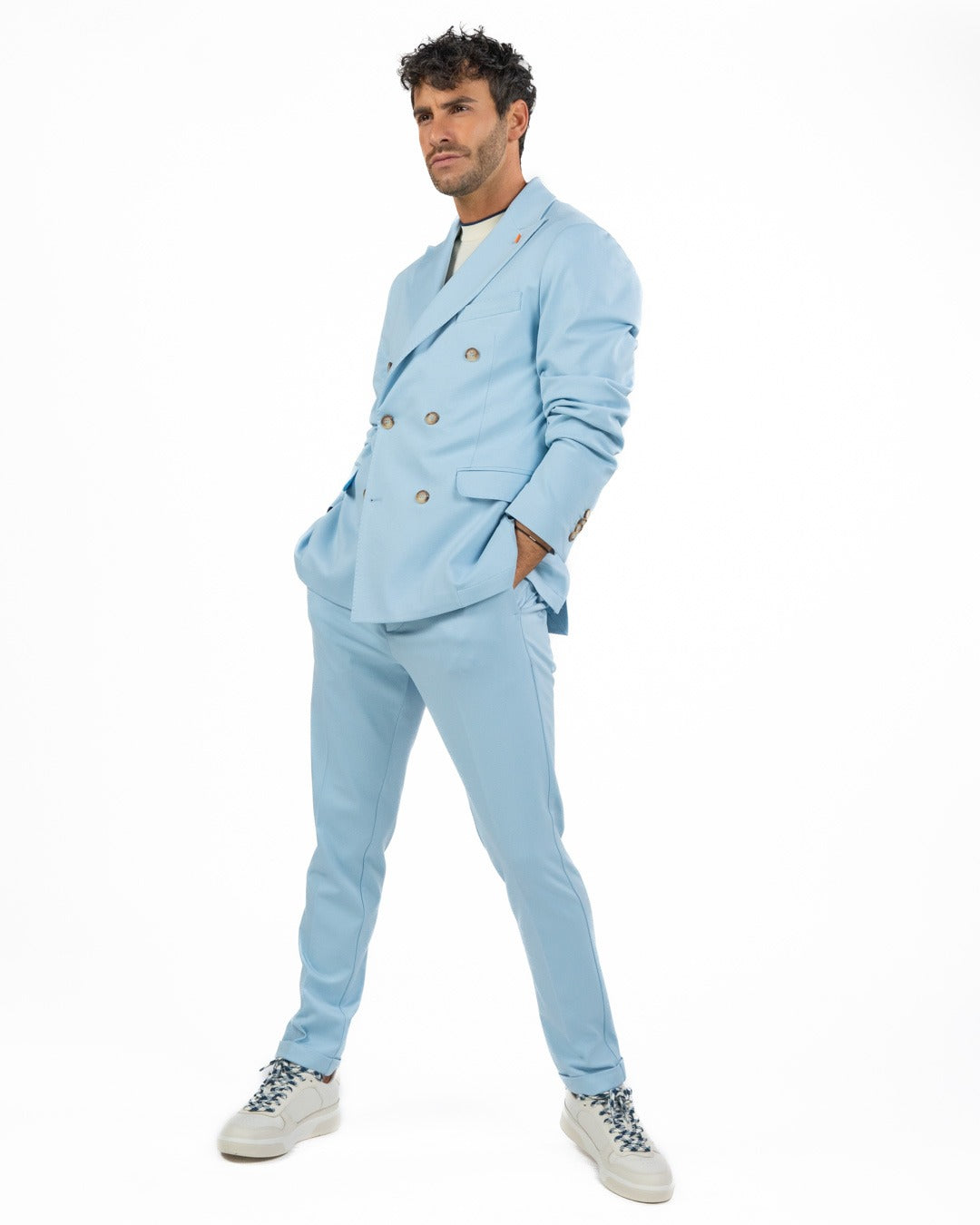 OVER/D - Giacca Doppiopetto in Jersey Azzurro