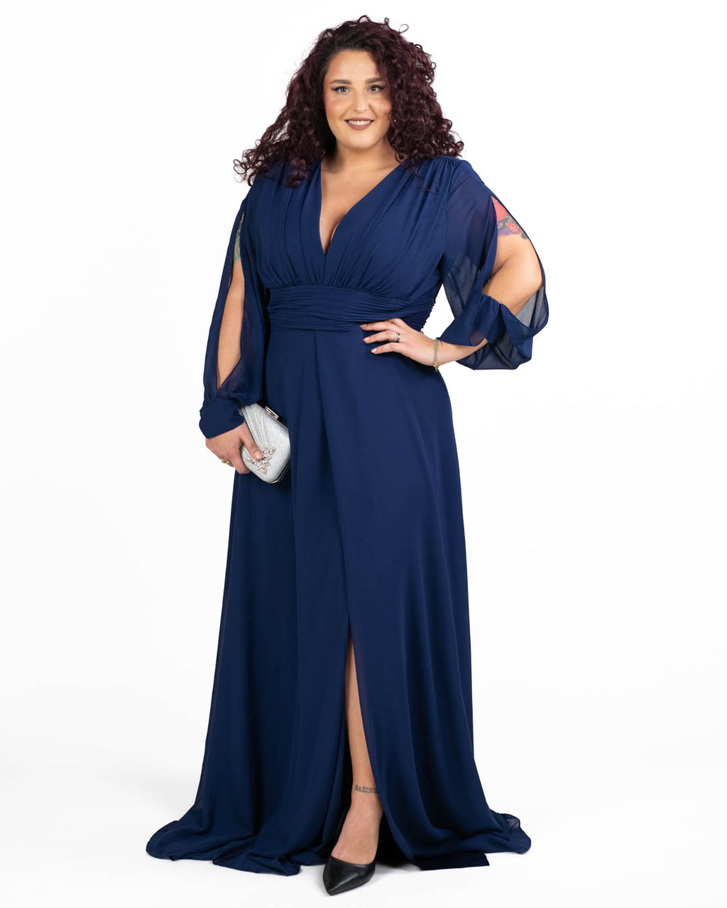 Berti Mode Collection - Abito da cerimonia curvy con scollo a goccia e maniche aperte blu royal