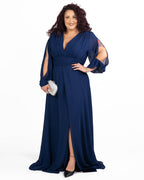 Berti Mode Collection - Abito da cerimonia curvy con scollo a goccia e maniche aperte blu royal