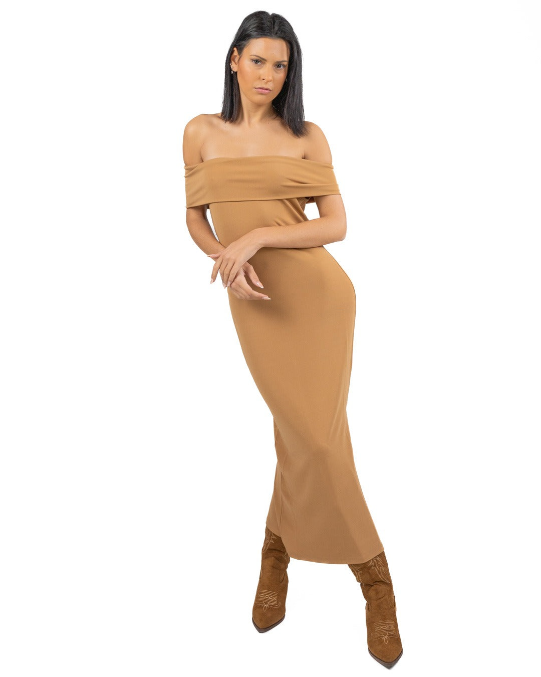 MARELLA - Abito in jersey scollo a barca cammello