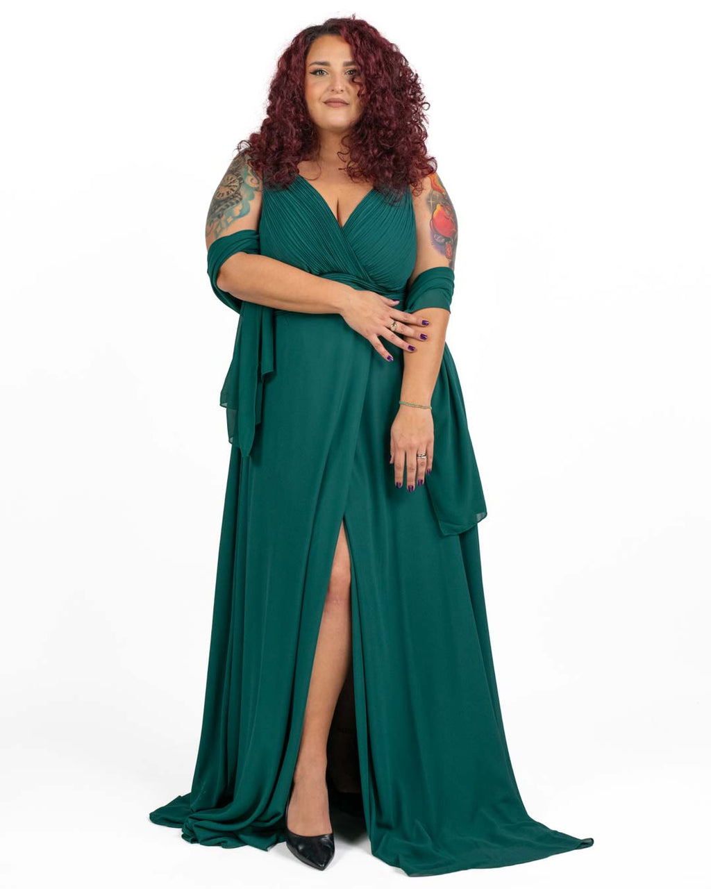 Berti Mode Collection - Abito da cerimonia curvy con scollo a V plissettato verde bosco