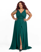 Berti Mode Collection - Abito da cerimonia curvy con scollo a V plissettato verde bosco