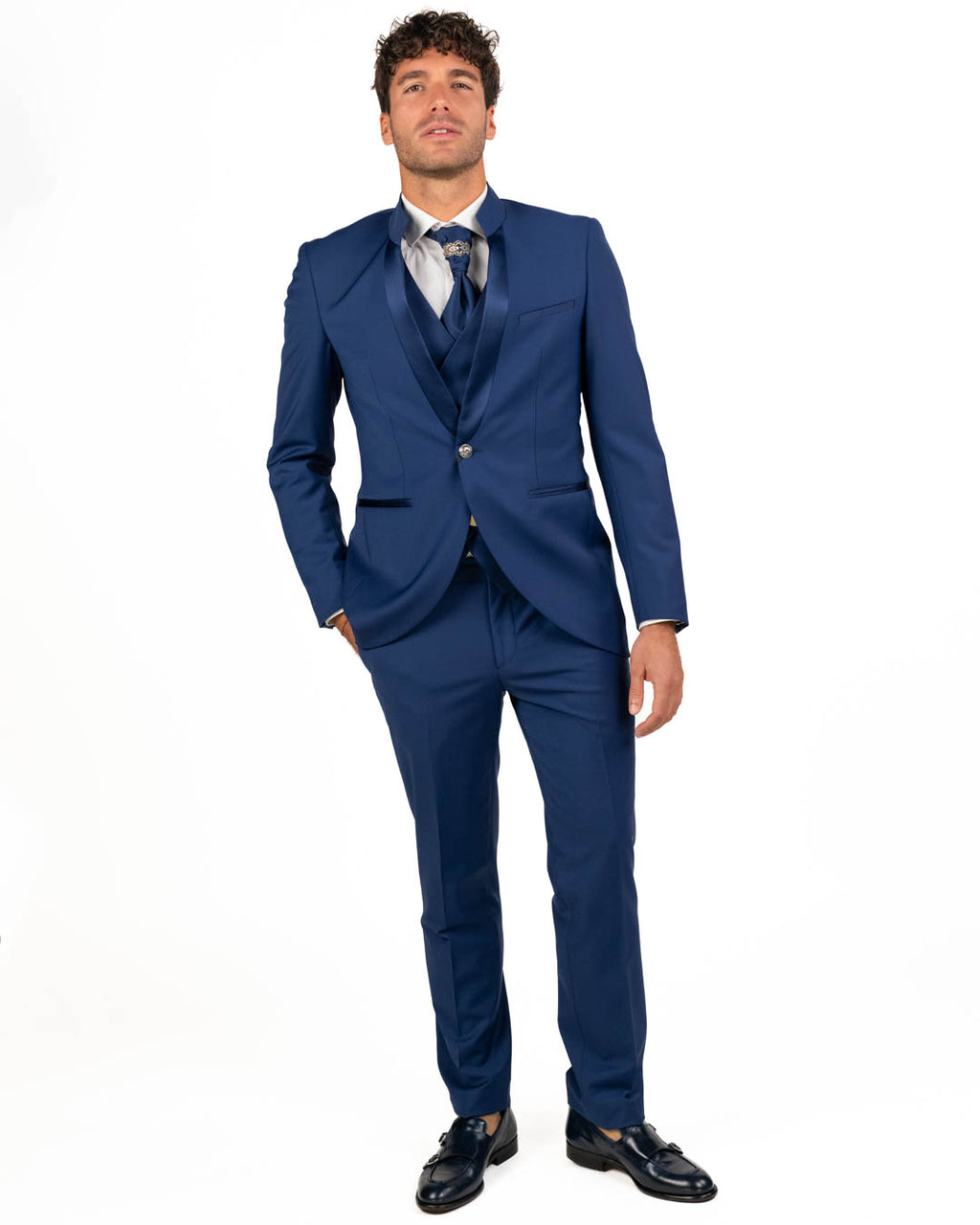 Lebole - Abito blu con collo alla coreana con dettagli in raso e bottone gioiello