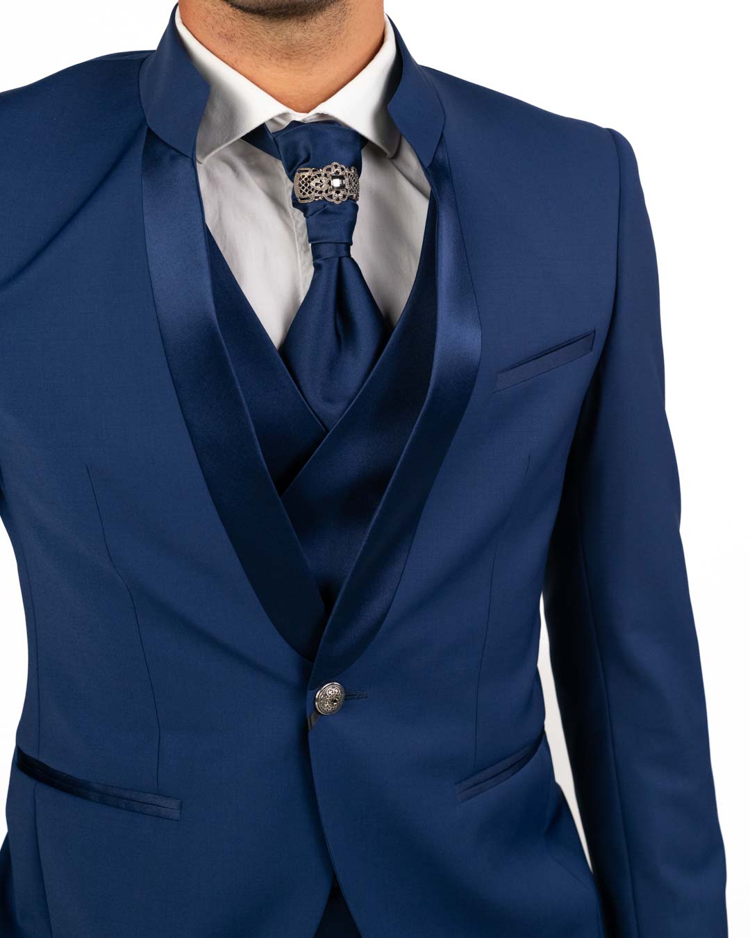 Lebole - Abito blu con collo alla coreana con dettagli in raso e bottone gioiello