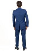 Lebole - Abito blu con collo alla coreana con dettagli in raso e bottone gioiello