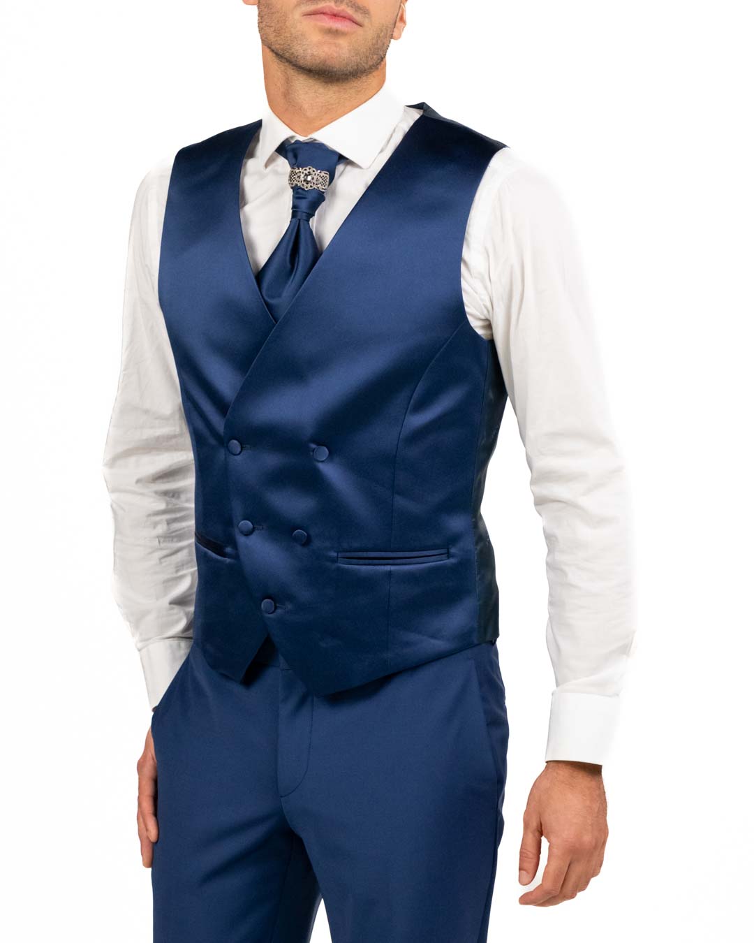 Lebole - Abito blu con collo alla coreana e giacca lunga con dettagli in fantasia bluette