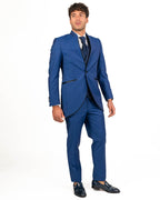 Lebole - Abito blu con collo alla coreana e giacca lunga con dettagli in fantasia bluette