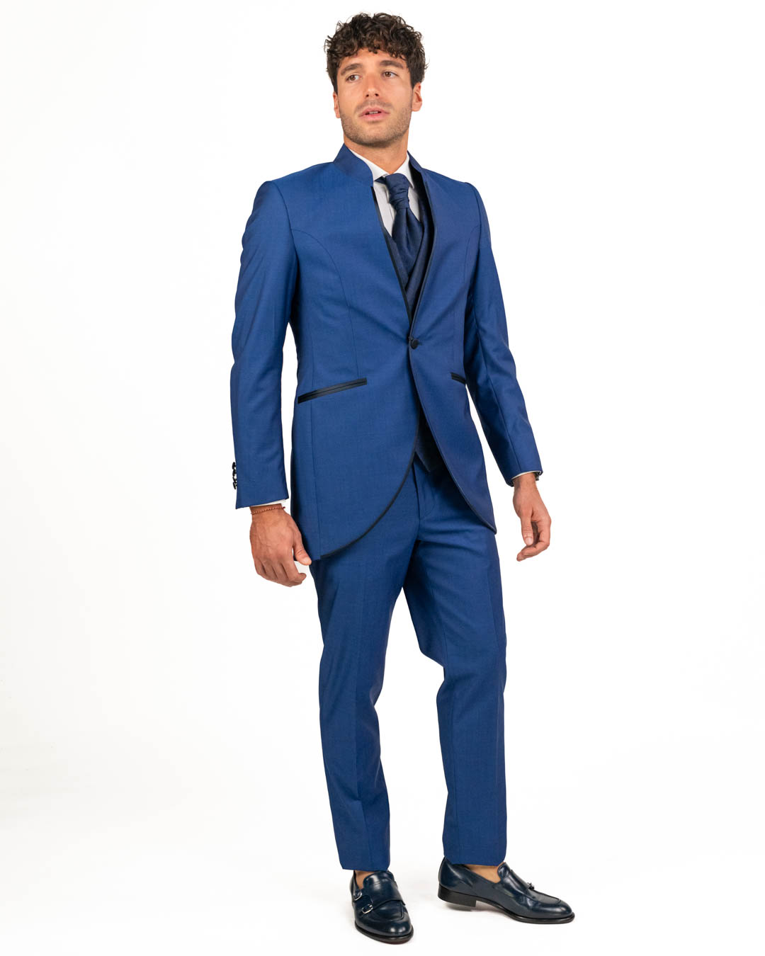 Lebole - Abito blu con collo alla coreana e giacca lunga con dettagli in fantasia bluette