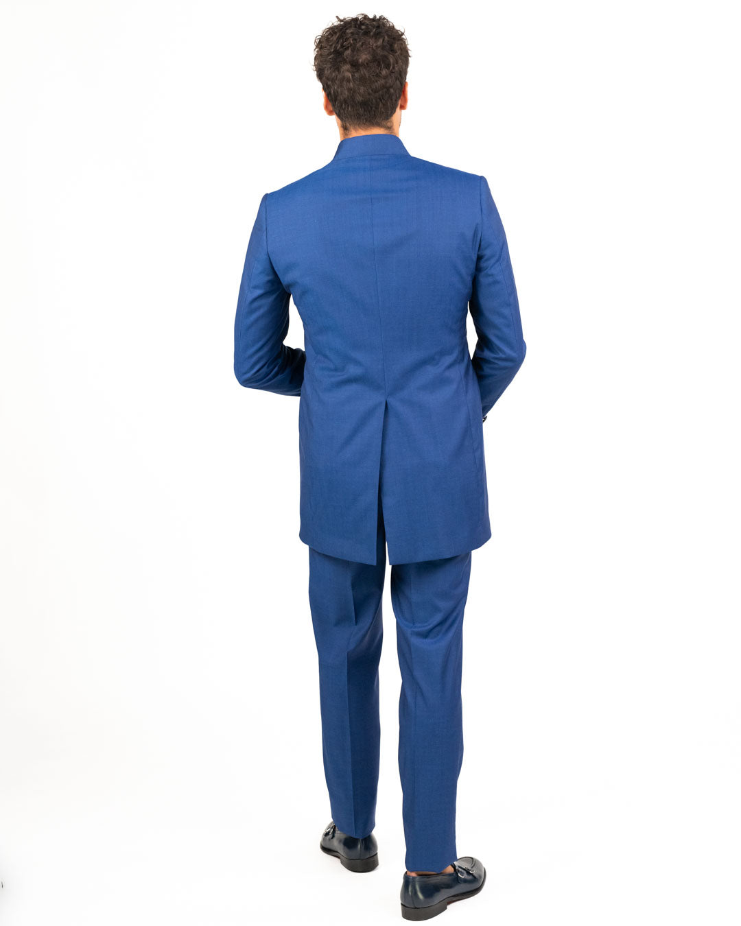 Lebole - Abito blu con collo alla coreana e giacca lunga con dettagli in fantasia bluette