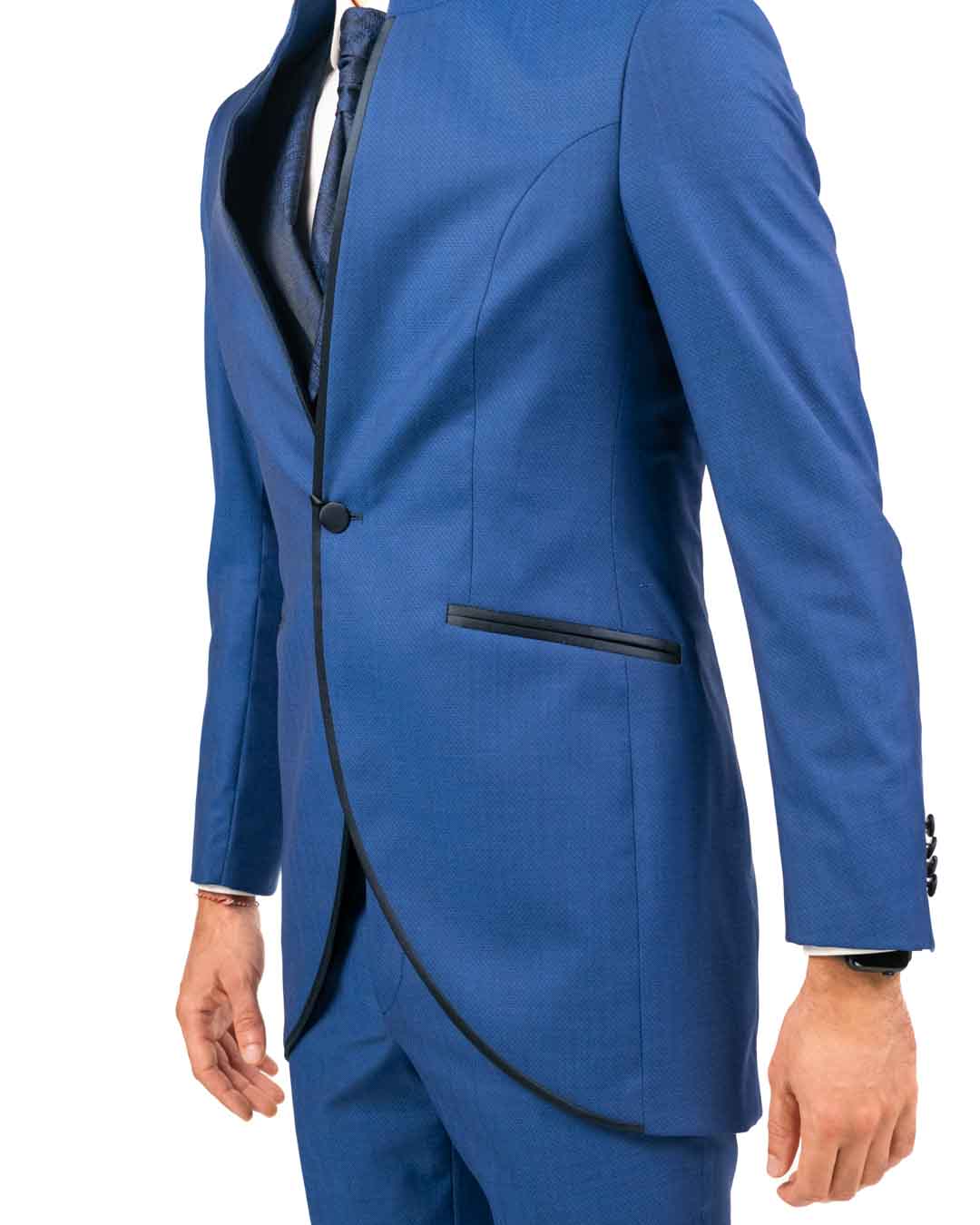 Lebole - Abito blu con collo alla coreana e giacca lunga con dettagli in fantasia bluette