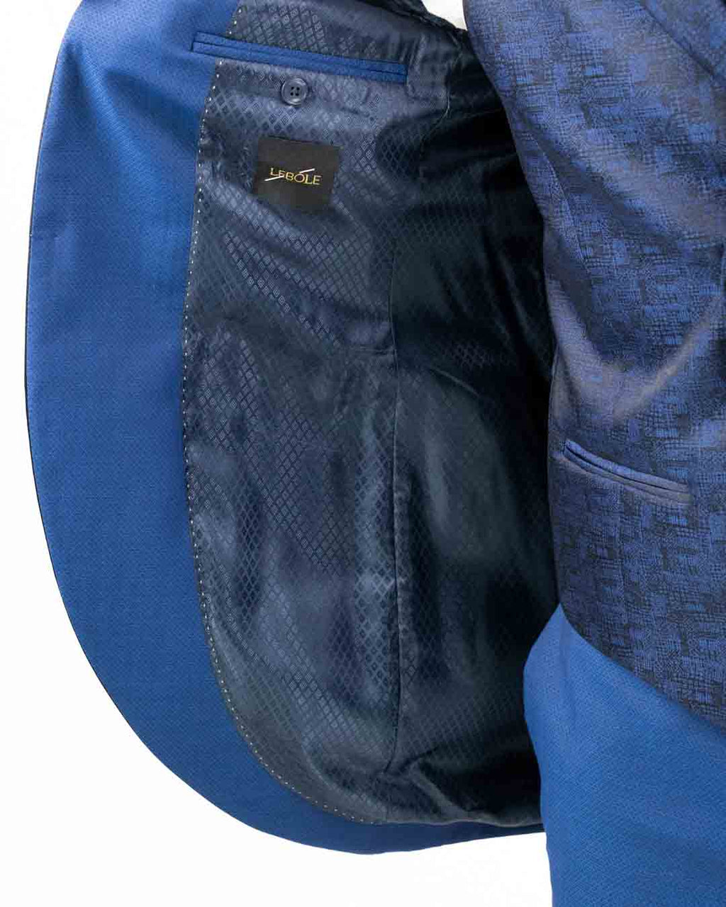 Lebole - Abito blu con collo alla coreana e giacca lunga con dettagli in fantasia bluette