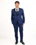 Lebole - Abito blu con dettagli damascati e revers in raso a contrasto