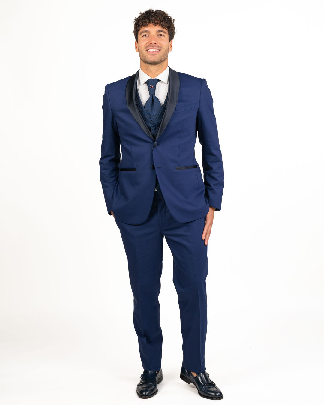 Lebole - Abito blu con dettagli damascati e revers in raso a contrasto