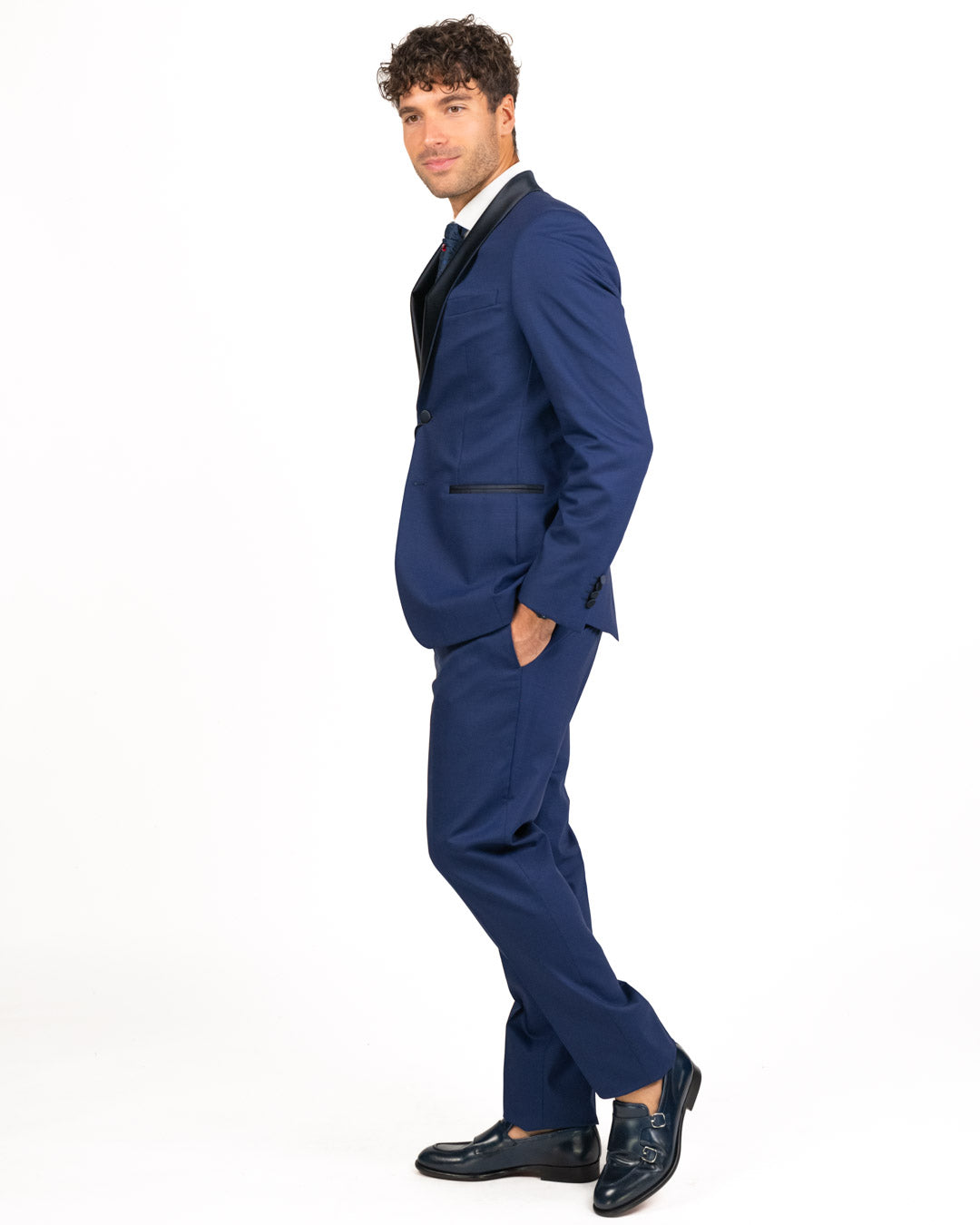 Lebole - Abito blu con dettagli damascati e revers in raso a contrasto