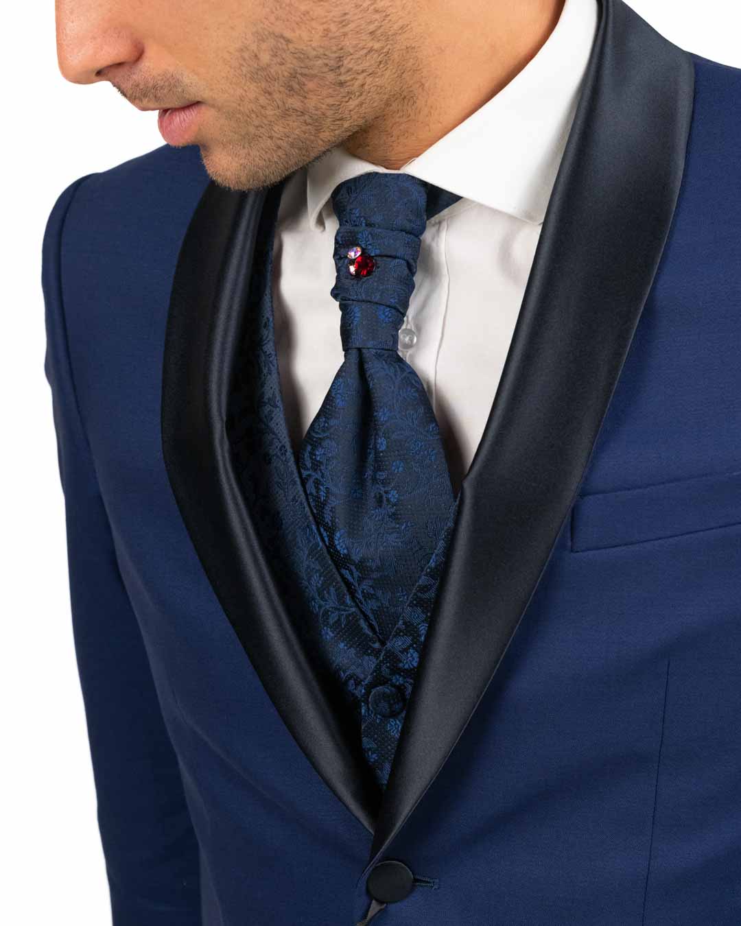 Lebole - Abito blu con dettagli damascati e revers in raso a contrasto