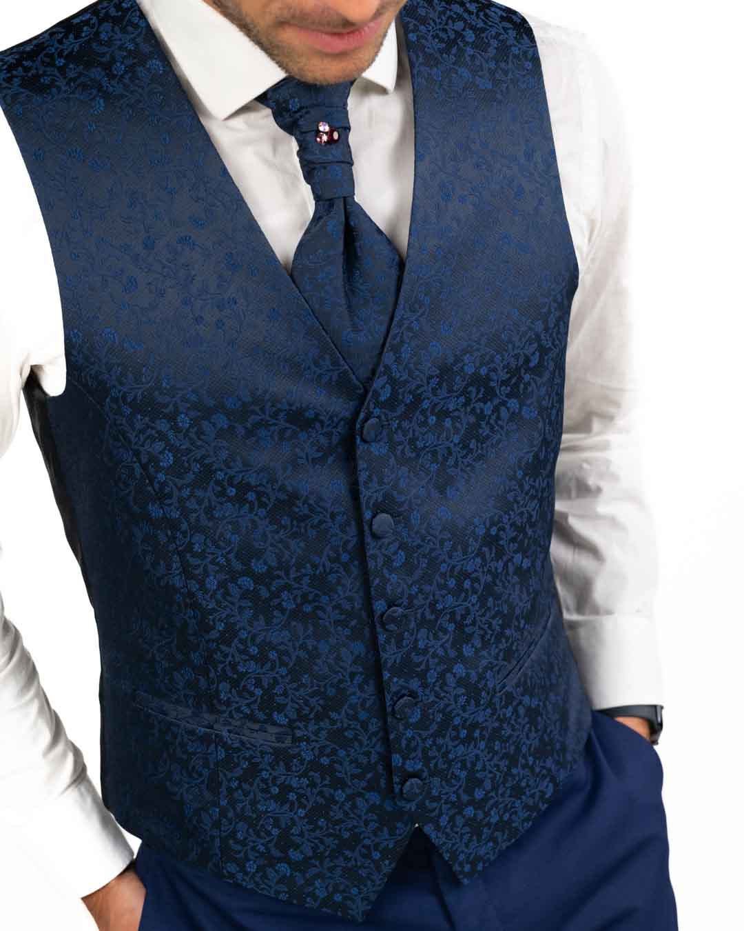 Lebole - Abito blu con dettagli damascati e revers in raso a contrasto