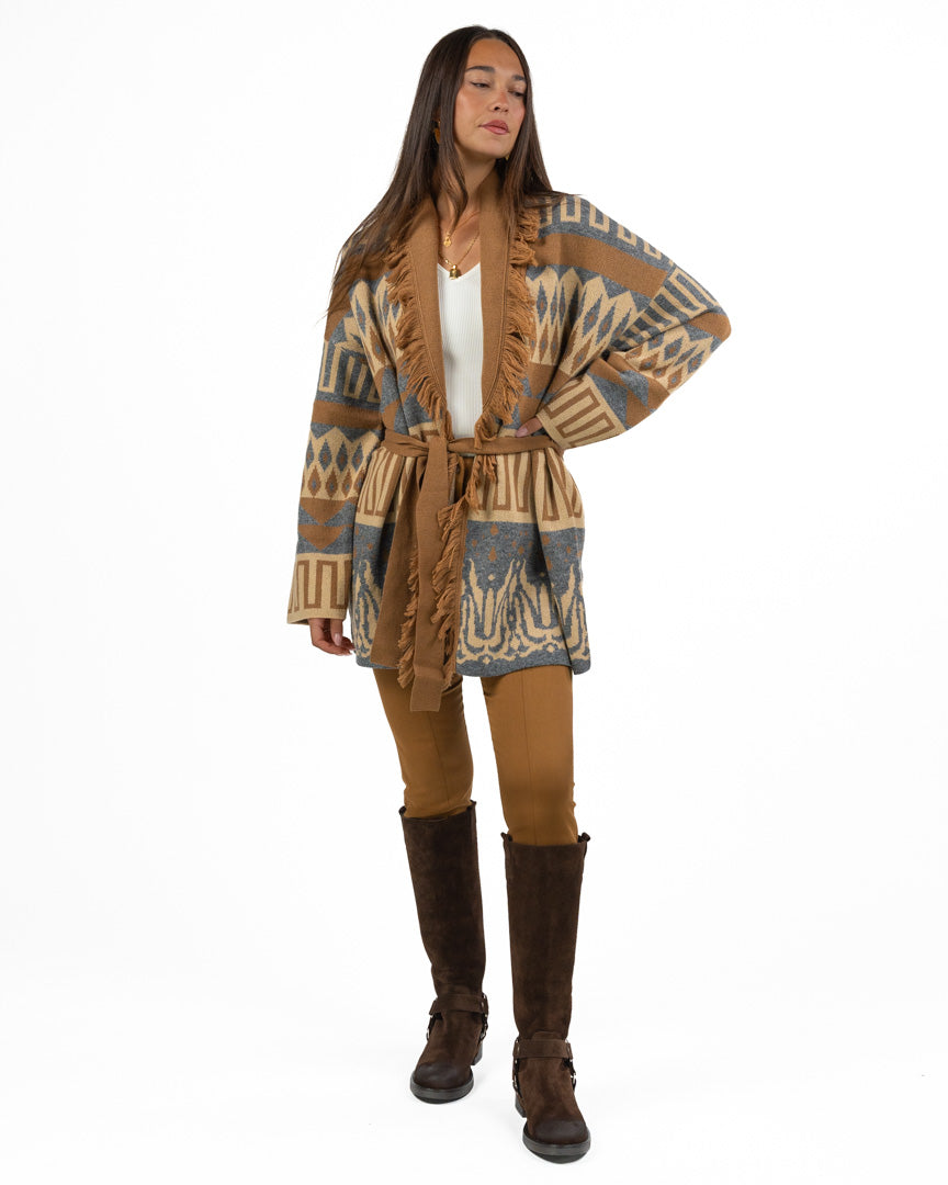 Cardigan Jacquard con Frange e Cintura - Pennyblack