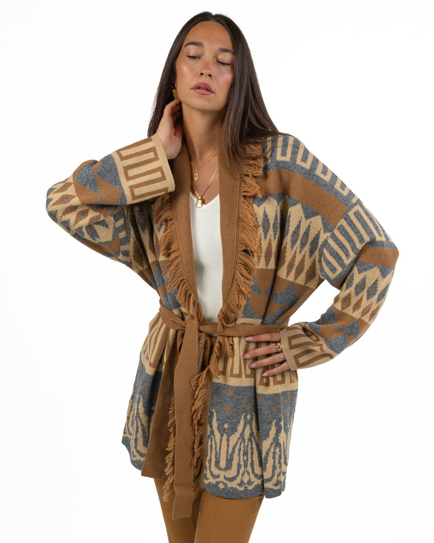 Cardigan Jacquard con Frange e Cintura - Pennyblack