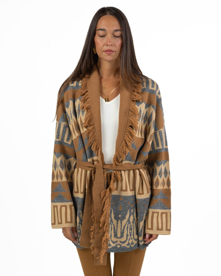 Cardigan Jacquard con Frange e Cintura - Pennyblack