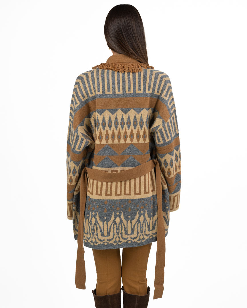 Cardigan Jacquard con Frange e Cintura - Pennyblack