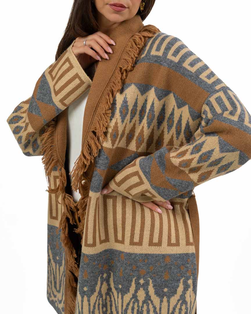 Cardigan Jacquard con Frange e Cintura - Pennyblack