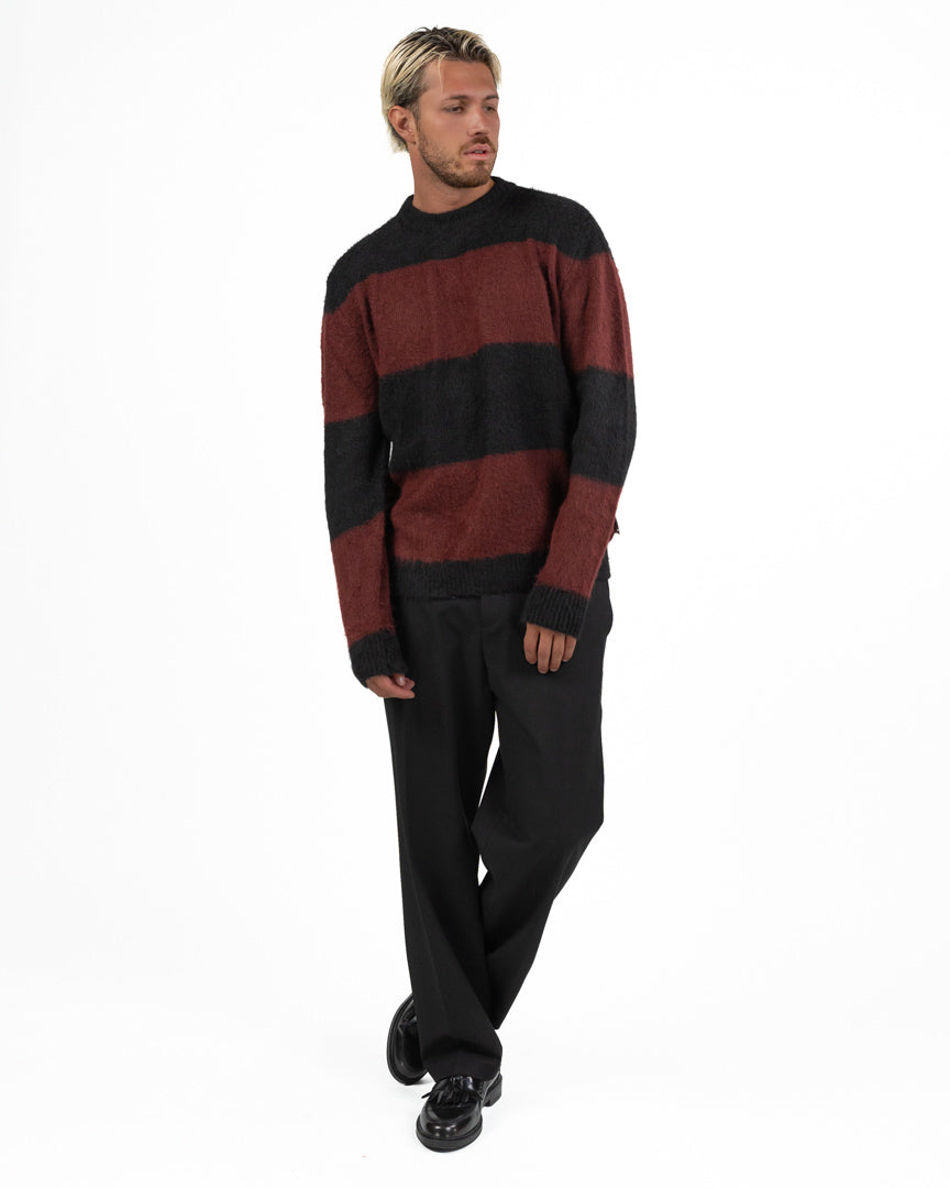 Maglione Girocollo Garzato a Righe Nero e Vinaccia - Berna